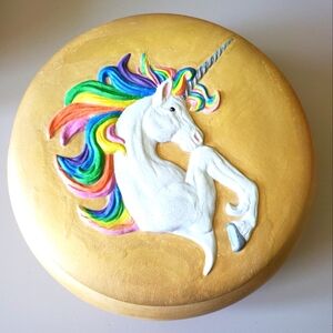 Hand Painted Unicorn Rainbow Mane Round Ceramic Bowl With Lid